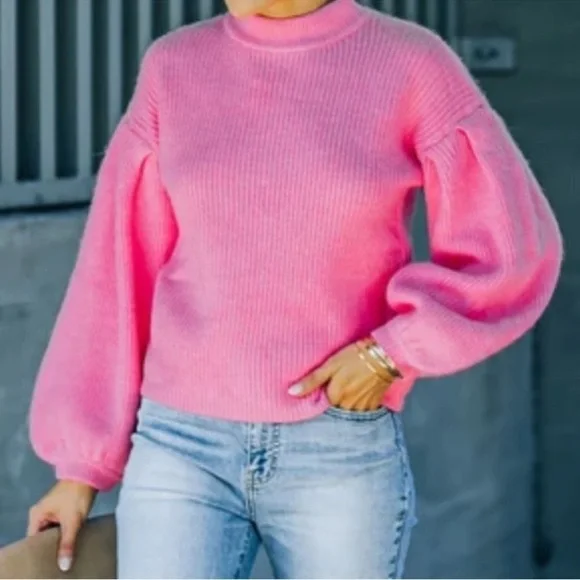 En Crème Pink Balloon Sleeve Cardigan Sweater Large - Picture 2 of 9